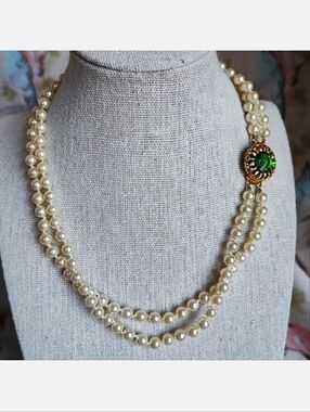 Majorca Spain Dual Strand Pearl Necklace Watermelon Rainbow Rivoli Golden Clasp